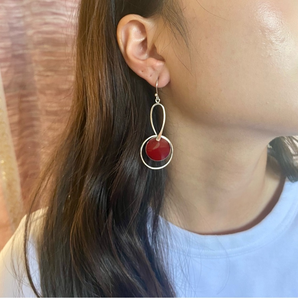 Sterling Silver Red Carnelian Chic Circle Drop Earrings.